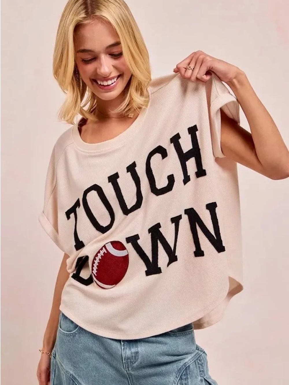 BiBi NWT Cream Graphic 'TOUCHDOWN' Short Sleeve Tee